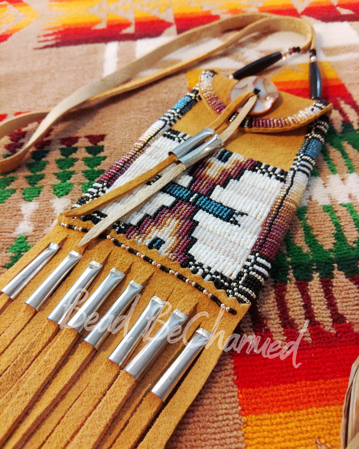 Medicine Bag, 'Rise'- Hand Beaded Traditional Buckskin Strike-a-Light Bag, Indigenous Fashion