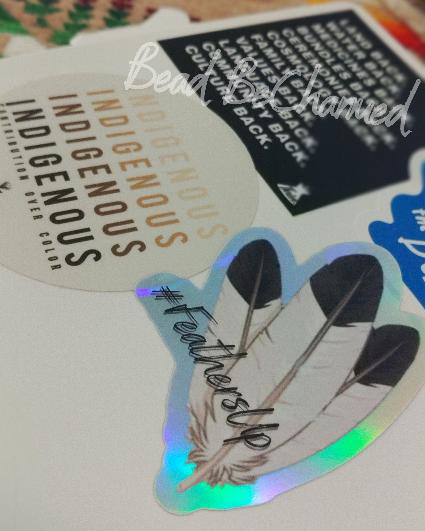 Stickers, '#FeathersUp' - Kiss-Cut Vinyl Holographic Stickers, Indigenous Awareness Decal