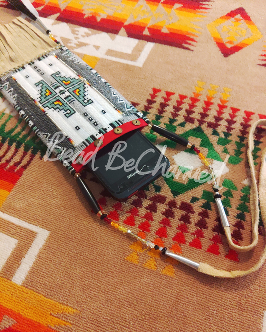 Phone Case, 'Grey Skies' - Hand Beaded Medicine Neck Bag