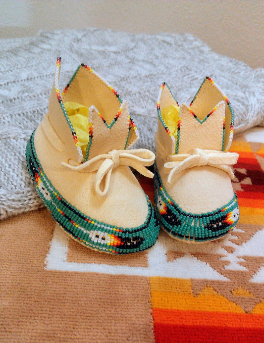 Booties, 'Firebird' - Plains Style Newborn Moccasin Booties, Hand Beaded New Baby Apparel