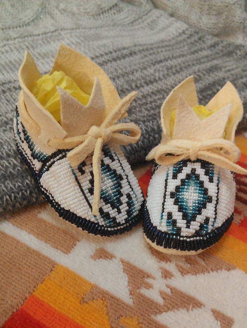 Booties, 'Starlit Blanket' - Plains Style Newborn Moccasin Booties, Heirloom Winter Buckskin Booties