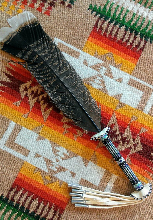 Smudge Feathers, "Mint & Amethyst" on Natural Turkey - Hand Beaded Smudge Feathers for Ceremony or Gifting