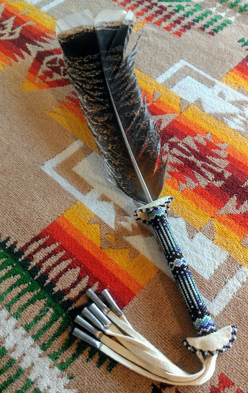 Smudge Feathers, "Mint & Amethyst" on Natural Turkey - Hand Beaded Smudge Feathers for Ceremony or Gifting