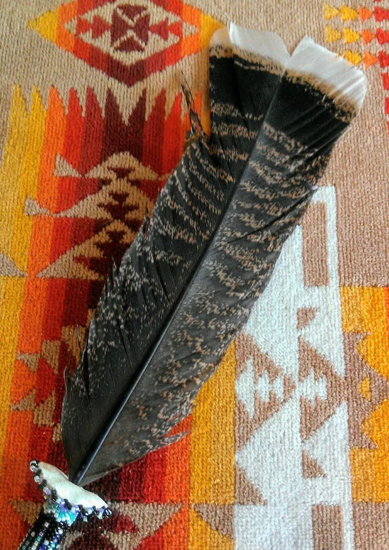 Smudge Feathers, "Mint & Amethyst" on Natural Turkey - Hand Beaded Smudge Feathers for Ceremony or Gifting