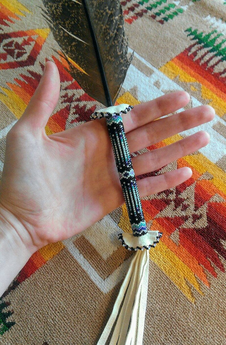Smudge Feathers, "Mint & Amethyst" on Natural Turkey - Hand Beaded Smudge Feathers for Ceremony or Gifting