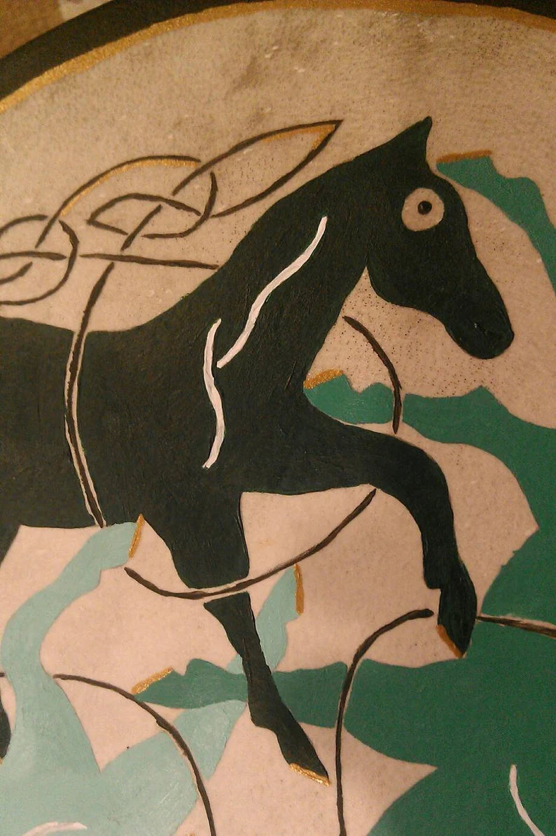 Drum, 'Celtic Horses' - Hand Painted Rawhide Hand Drum, Gaelic Horse and Knot Pattern