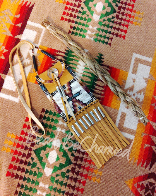 Medicine Bag, 'Rise'- Hand Beaded Traditional Buckskin Strike-a-Light Bag, Indigenous Fashion