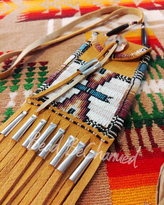 Medicine Bag, 'Rise'- Hand Beaded Traditional Buckskin Strike-a-Light Bag, Indigenous Fashion