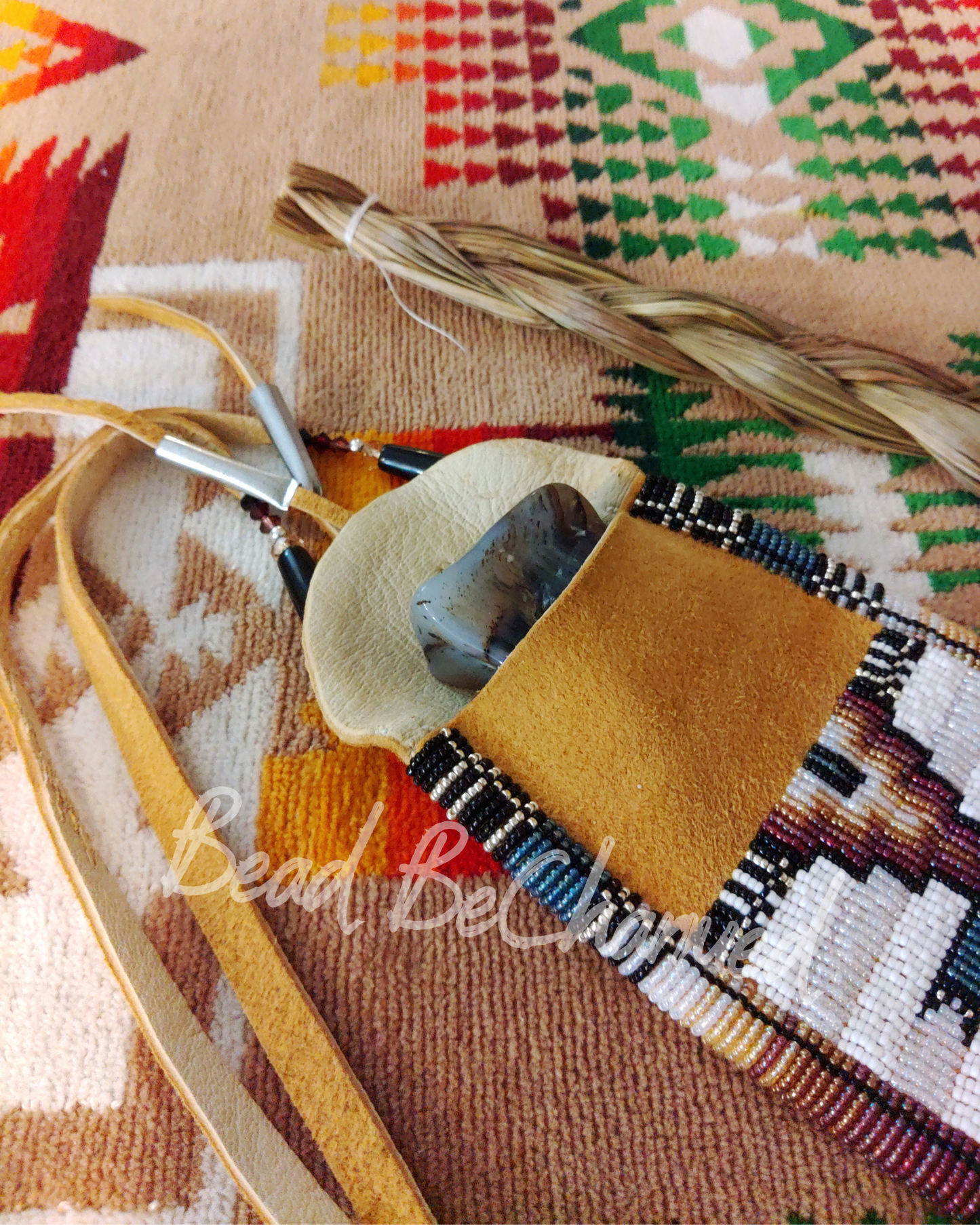 Medicine Bag, 'Rise'- Hand Beaded Traditional Buckskin Strike-a-Light Bag, Indigenous Fashion