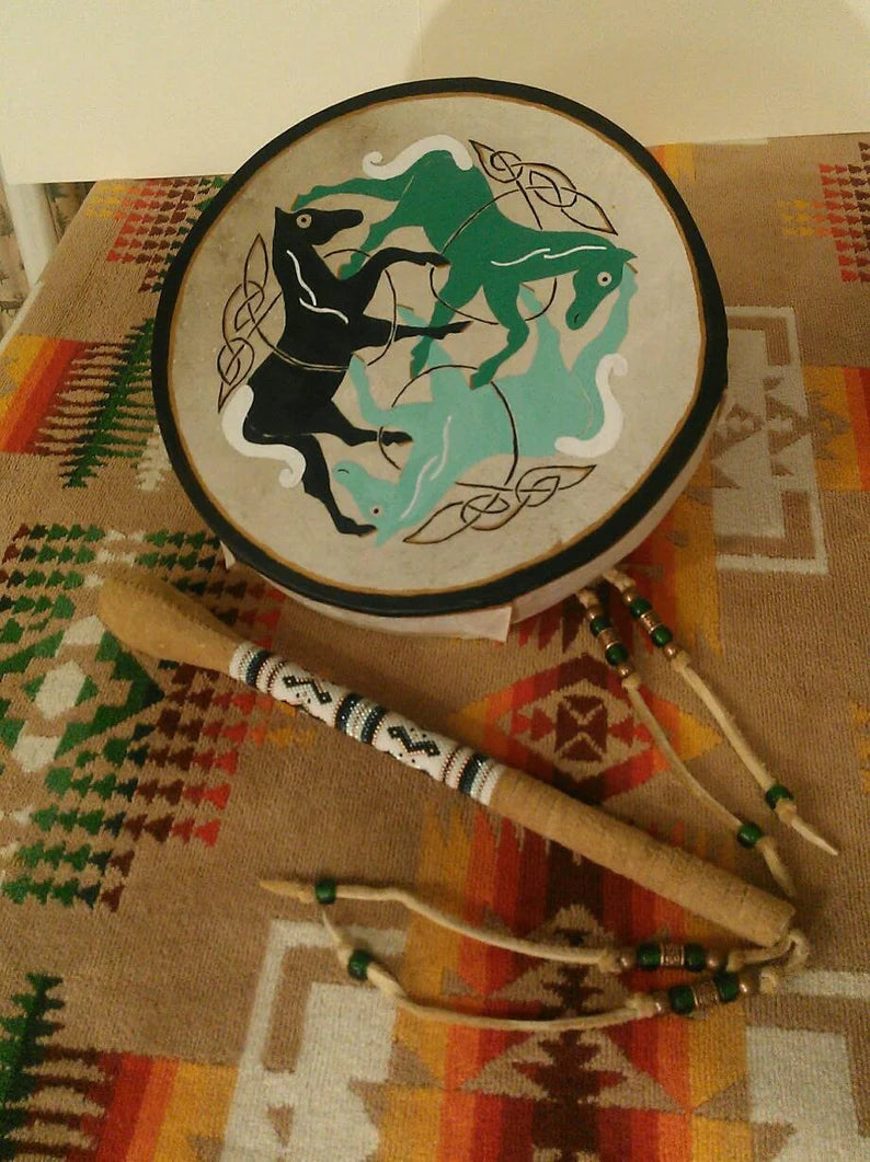 Drum, 'Celtic Horses' - Hand Painted Rawhide Hand Drum, Gaelic Horse and Knot Pattern